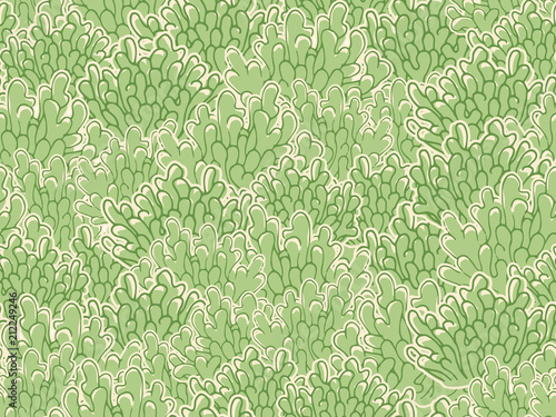 Seamless underwater vector pattern with repeated coral polyps or sea weed in coral red palette. Aquatic sketchy green ornament. Doodle coral reef colorful print for textile, paper design, backgrounds.