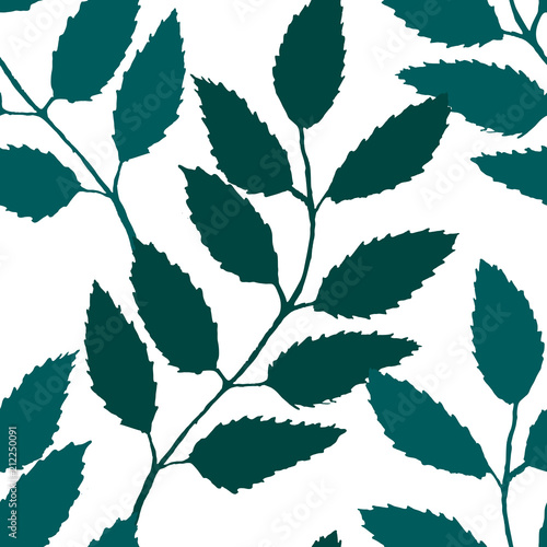 Monochrome turquoise green rowanberry ashberry leaf branch silhouette botanical illustration seamless pattern texture background vector