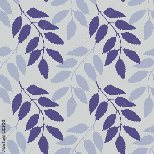 Monochrome blue violet rowanberry ashberry leaf branch silhouette botanical illustration seamless pattern texture background vector
