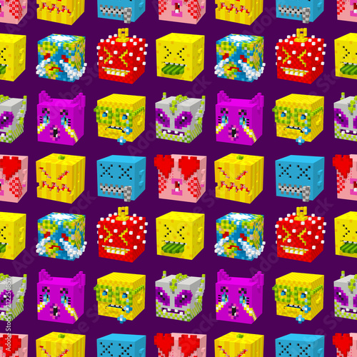 A set of different funny emoticons smiles. 3d emoji  cubes  pixel art  digital game style. Seamless pattern for wallpaper  textiles. vector