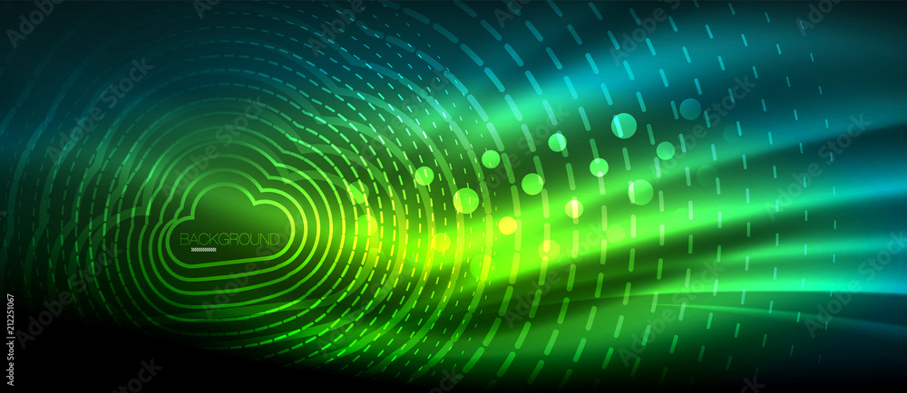 Neon glowing wave, magic energy and light motion background. Wallpaper template, hi-tech future concept Neon glowing wave, magic energy and light motion background. Wallpaper template, hi-tech future concept