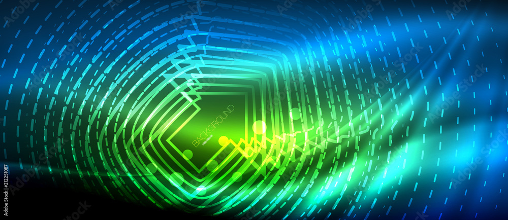 Neon glowing wave, magic energy and light motion background. Wallpaper template, hi-tech future concept Neon glowing wave, magic energy and light motion background. Wallpaper template, hi-tech future concept