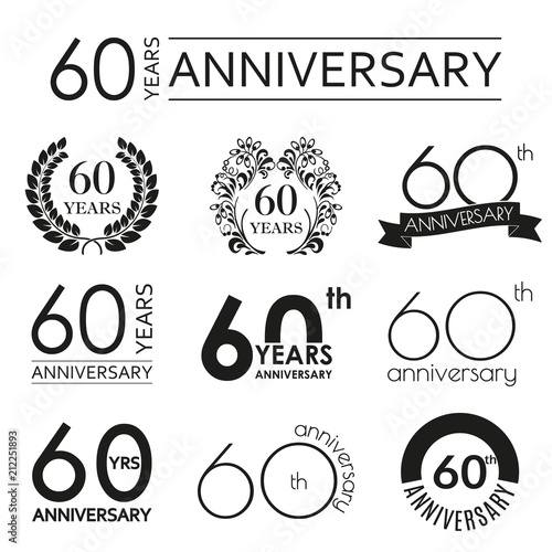 60 years anniversary icon set. 60th anniversary celebration logo. Design elements for birthday, invitation, wedding jubilee. Vector illustration.