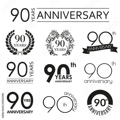 90 years anniversary icon set. 90th anniversary celebration logo. Design elements for birthday, invitation, wedding jubilee. Vector illustration.