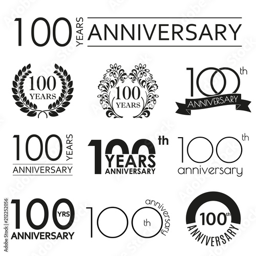100 years anniversary icon set. 100th anniversary celebration logo. Design elements for birthday, invitation, wedding jubilee. Vector illustration.
