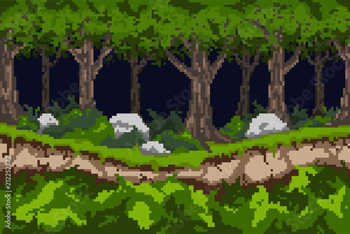 Pixel background with a dark forest, a path along the ravine and thickets of bushes with stones.