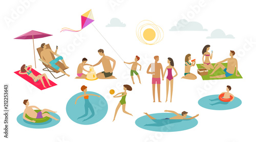 People rest on beach. Vacation, summer concept. Cartoon vector illustration