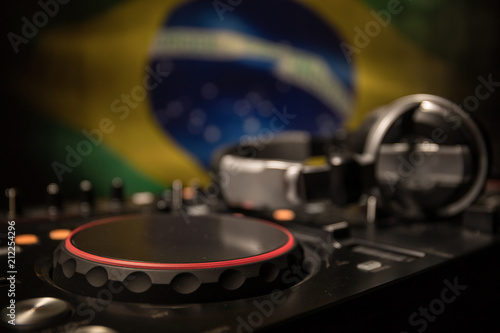 Soccer 2018 club party concept. Close up view of dj deck with selective focus. Useful as club poster.