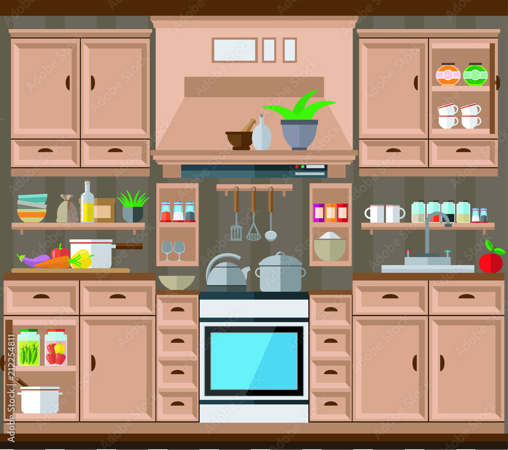 Kitchen design, a set of kitchen utensils. Vector illustration, interior. Kitchen design, a set of kitchen utensils. Vector illustration, interior.