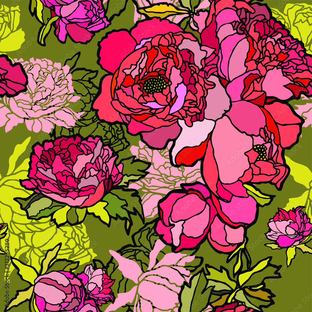 Seamless pattern with poppy, Peonies or roses flowers– stock illustration Seamless pattern with poppy, Peonies or roses flowers– stock illustration