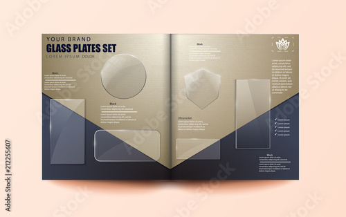 Vector modern transparent glass plates set on open journal background. Eps10 - stock vector
