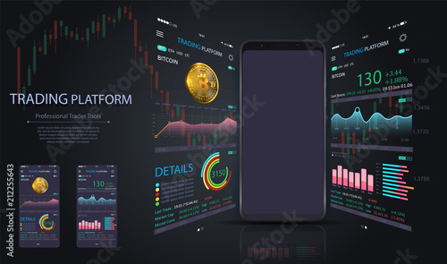 Market trade. Binary option. Trading platform, account. Money Making, business. Market analysis. Investing. Screen of user interface for phone, laptop, tablet. Modern 3d trade app