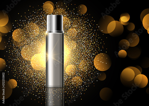 Blank cosmetic bottle on gold glitter display background
