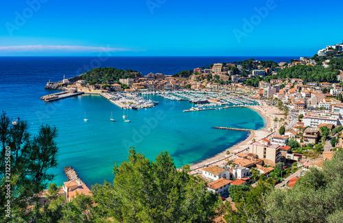 Beautiful view of coast in Port de Soller, idyllic harbor marina on Mallorca island, Spain Mediterranean Sea