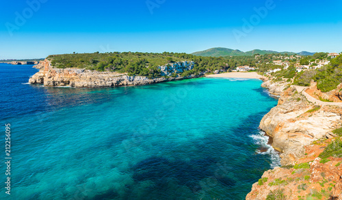 Idyllic island scenery, beautiful coast of beach Cala Romantica Majorca, Mediterranean Sea Spain