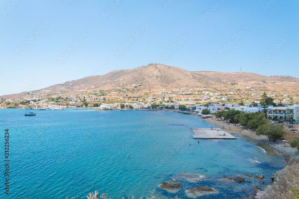 Panoramic view of the beach at Finikas village of Syros island, Cyclades, Greece