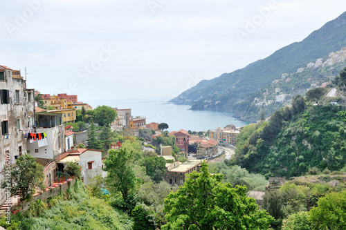 Panoramic view of Vietri sul Mare, the first town on the Amalfi Coast, with the Gulf of Salerno, province of Salerno, Campania, southern Italy
