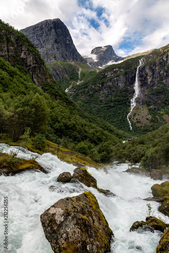 Small waterfall in Norway. Briksdalsbreen.