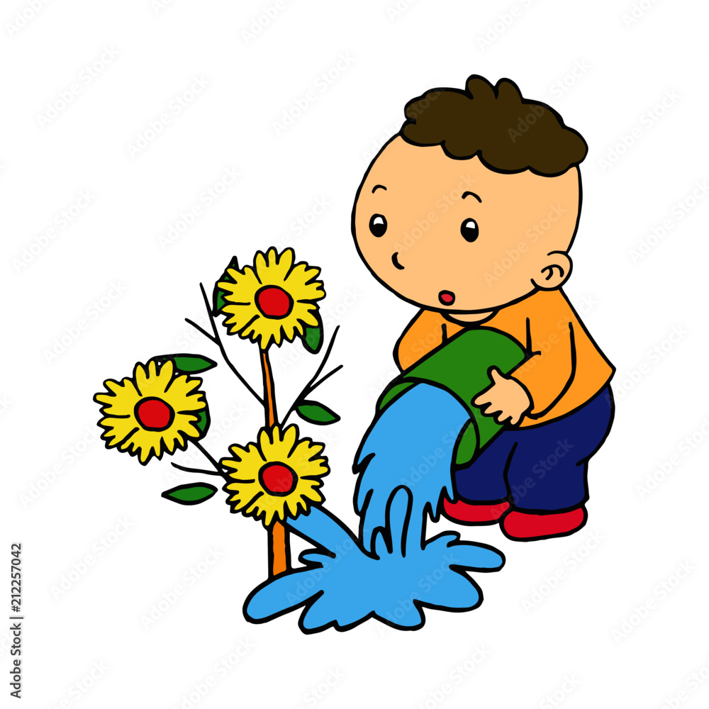 Little boy water the flower cartoon illustration isolated on white  background for children color book Stock Vector | Adobe Stock