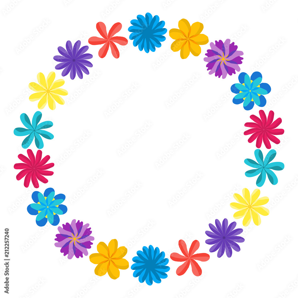 Wreath of wild flowers with leaves. A floral round frame with a place for your text. Suitable for greeting cards, wedding invitations, promotional leaflets