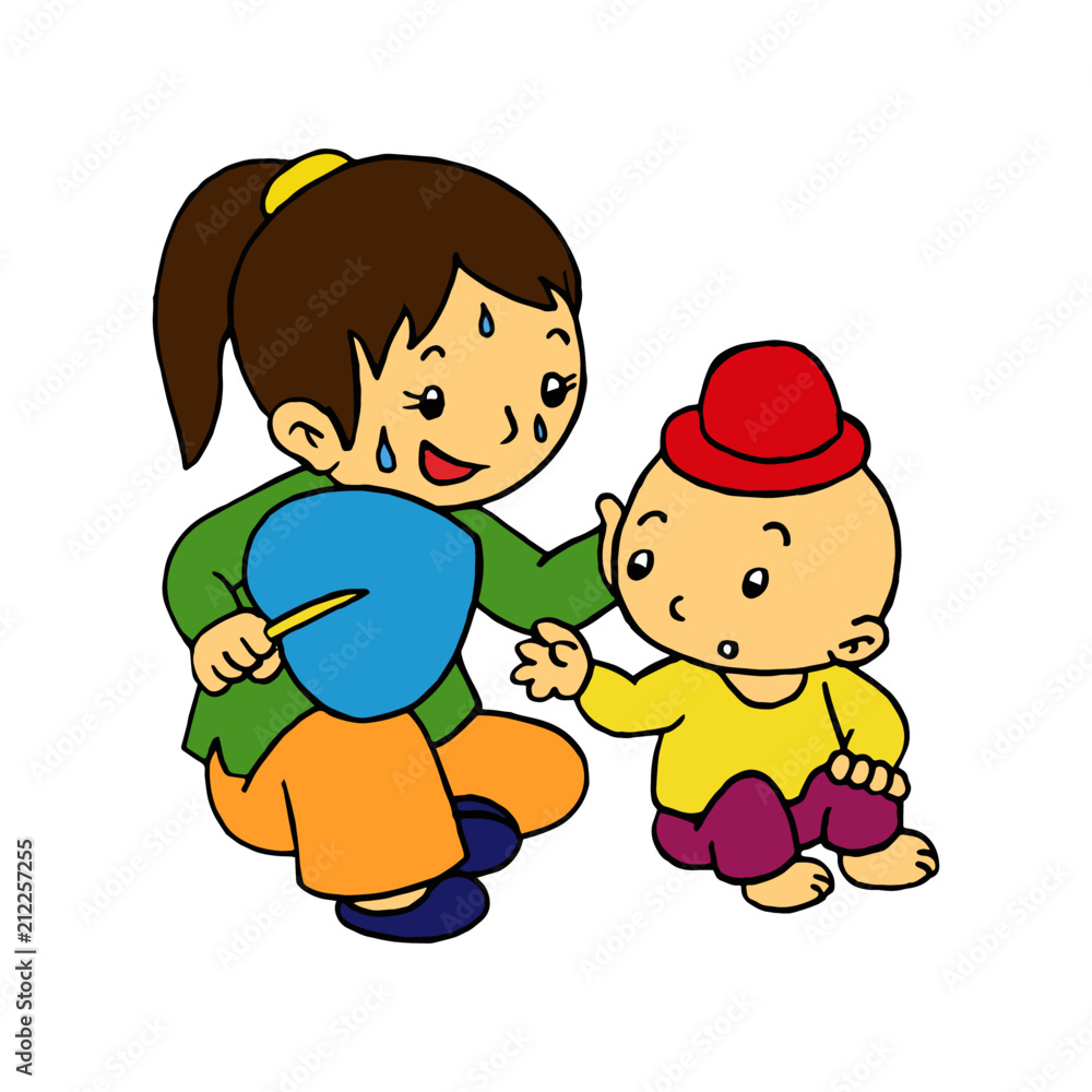 Little girl play with her brother cartoon illustration isolated on white background for children color book Little girl play with her brother cartoon illustration isolated on white background for children color book