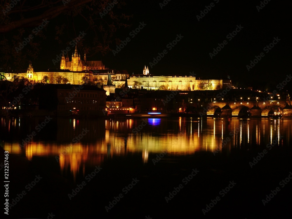 Prague at Night and View of Prague Castle, Czech Republic
