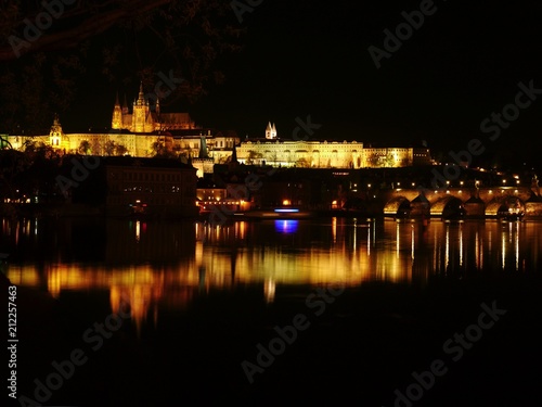 Prague at Night and View of Prague Castle, Czech Republic