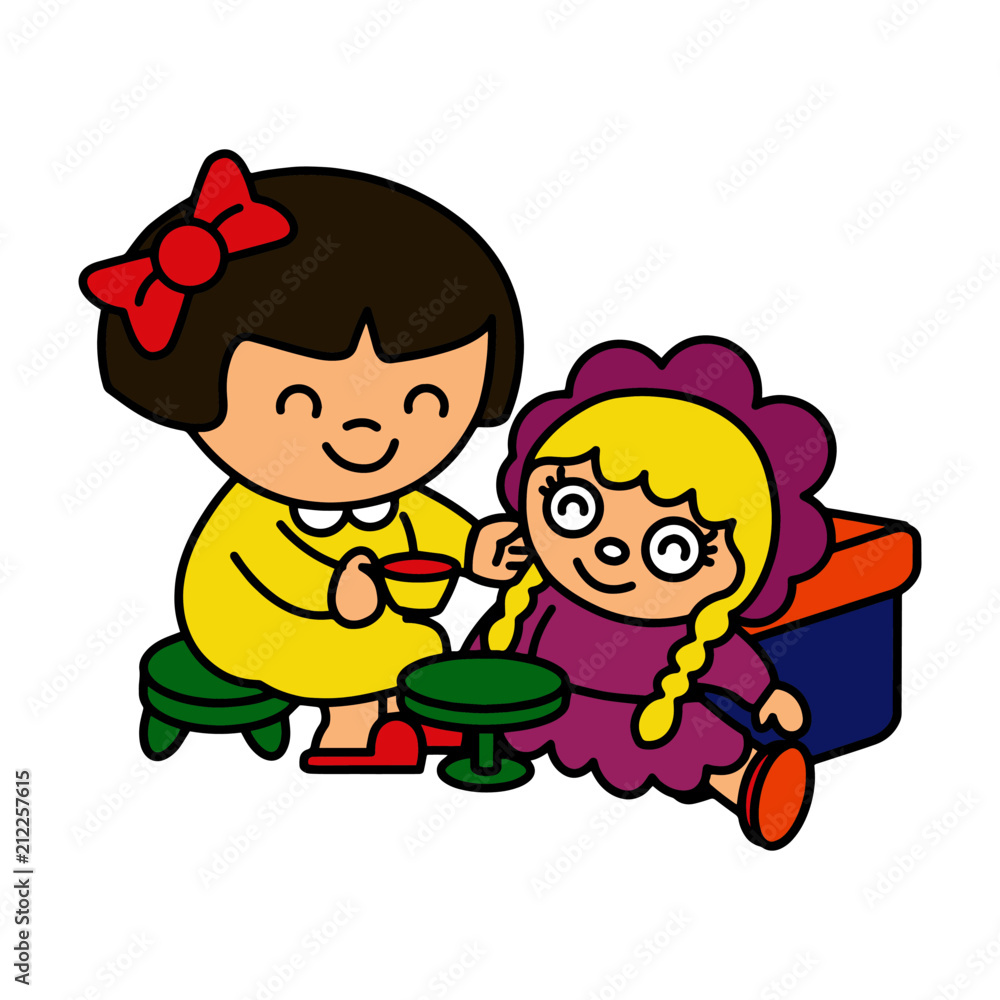 Little girl ply with her doll cartoon illustration isolated on white background for children color book Little girl ply with her doll cartoon illustration isolated on white background for children color book