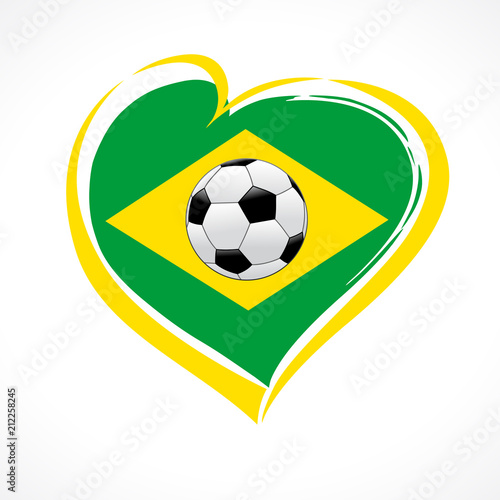 Love Brazil emblem with heart in national flag color and soccer ball. Brazilian national    soccer tournament competition banner. Football world championship of the competition 2018