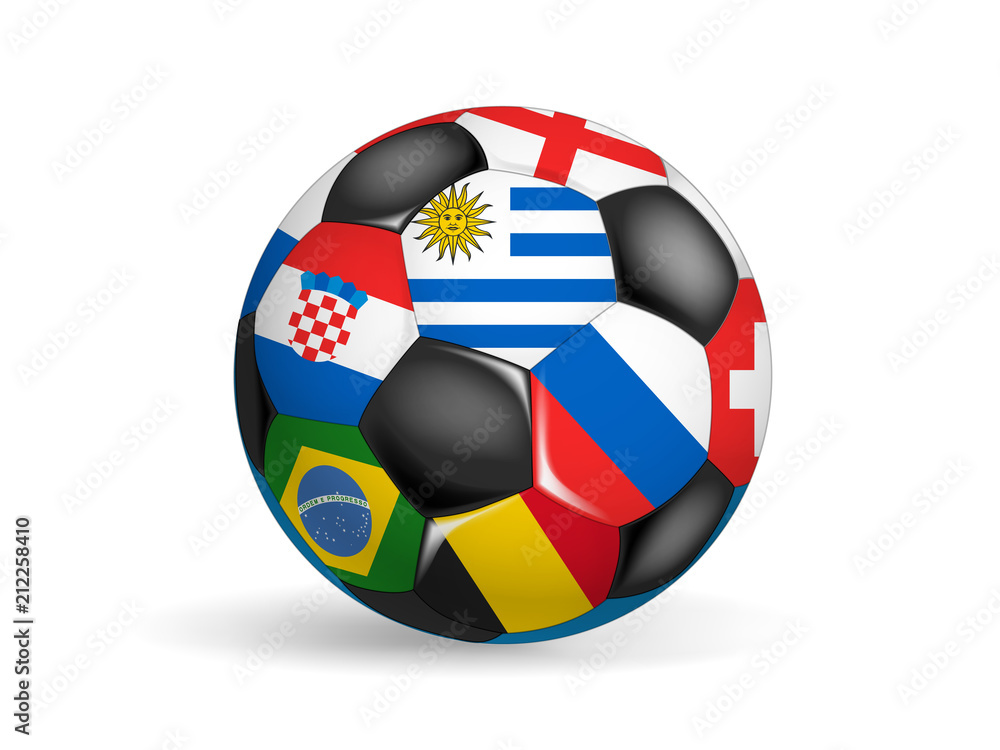 Obraz premium Soccer ball with flags of different countries. Object isolated on white.The game of the world concept
