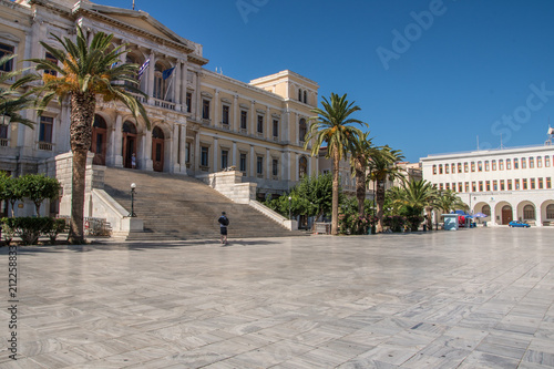 The neoclassical city Hall on the central square of Ermoupolis in Syros island, Cyclades, Greece photo