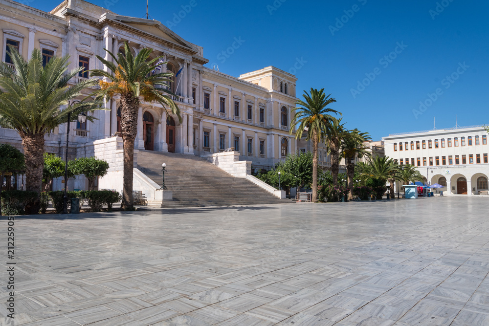 The neoclassical city Hall on the central square of Ermoupolis in Syros island, Cyclades, Greece