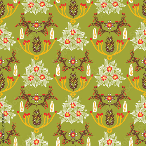 Christmas Poinsettia Snowflake Floral, Hand Green White, Red Seamless Vector Pattern, Traditional Winter Illustration for Fashion Prints, Stationery, Xmas Decor, Gift Wrapping & Seasonal Backgrounds