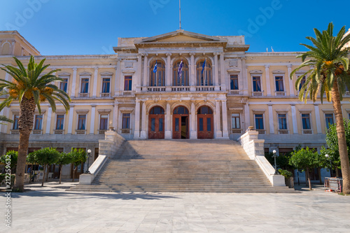 Facade of the neoclassical city Hall by Ernst Ziller in Miaouli square, Syros island, Cyclades, Greece