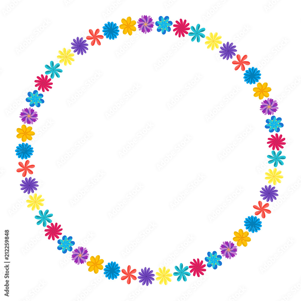 Wreath of wild flowers with leaves. A floral round frame with a place for your text. Suitable for greeting cards, wedding invitations, promotional leaflets Wreath of wild flowers with leaves. A floral round frame with a place for your text. Suitable for greeting cards, wedding invitations, promotional leaflets