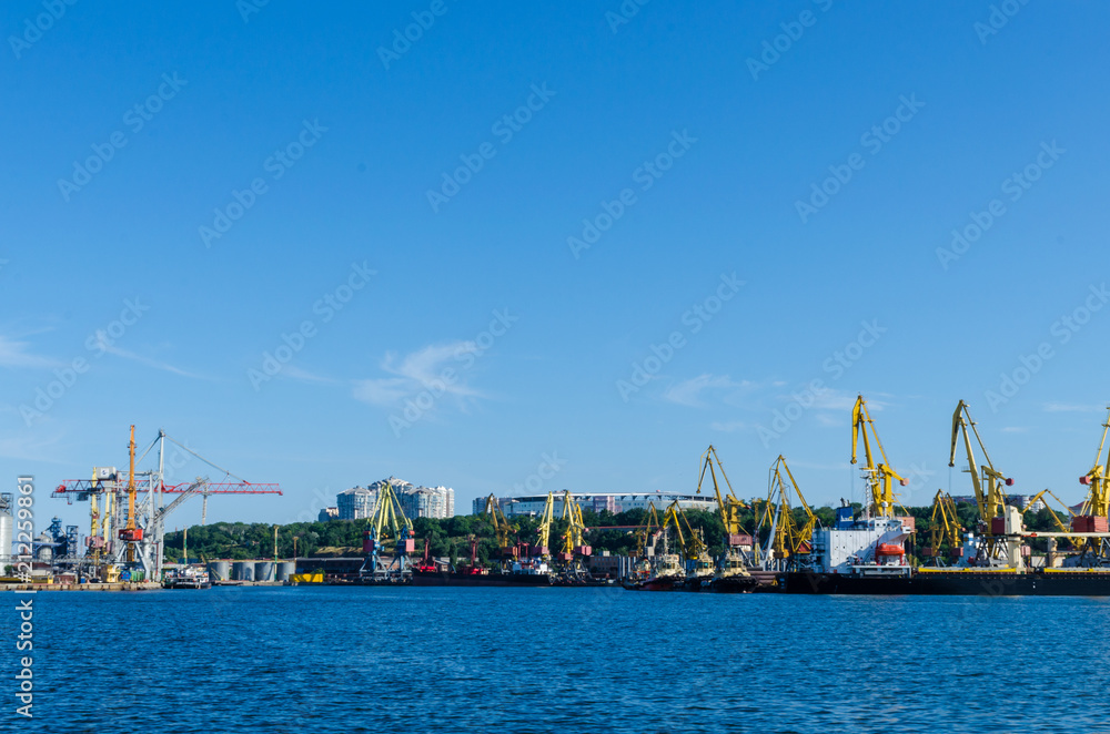 Seascape with Odesa port in the summer season
