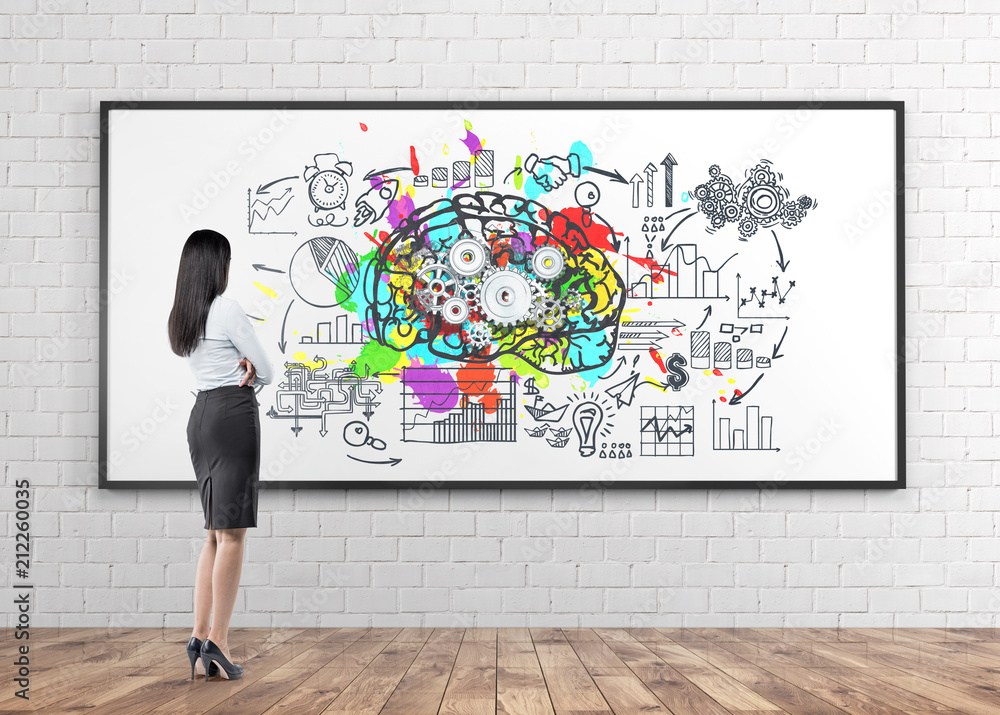 Businesswoman looking at wall, business strategy Businesswoman looking at wall, business strategy