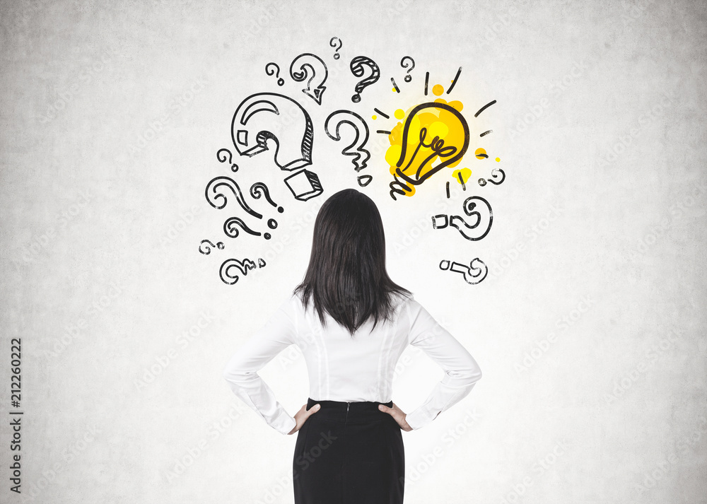 Businesswoman with hands on waist, answer search Businesswoman with hands on waist, answer search