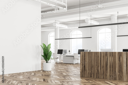 White office corner, wooden reception, plant