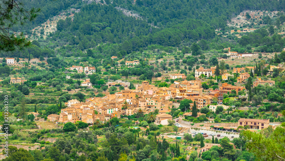 Panoramic view of the old mediterranean village of Fornalutx, Mallorca Spain