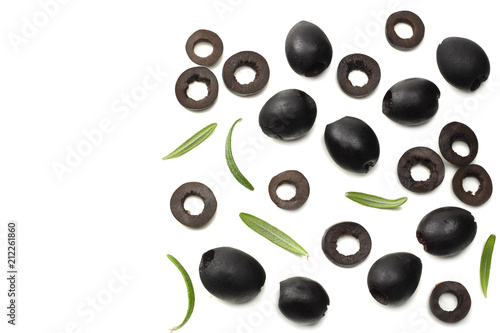 Bilde på lerret Marinated slices black olives isolated on white background