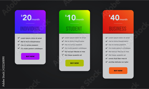 Web pricing table design for business. Hosting table banner. Modern gradient style. Design element for website and mobile app, UI UX. Vector illustration