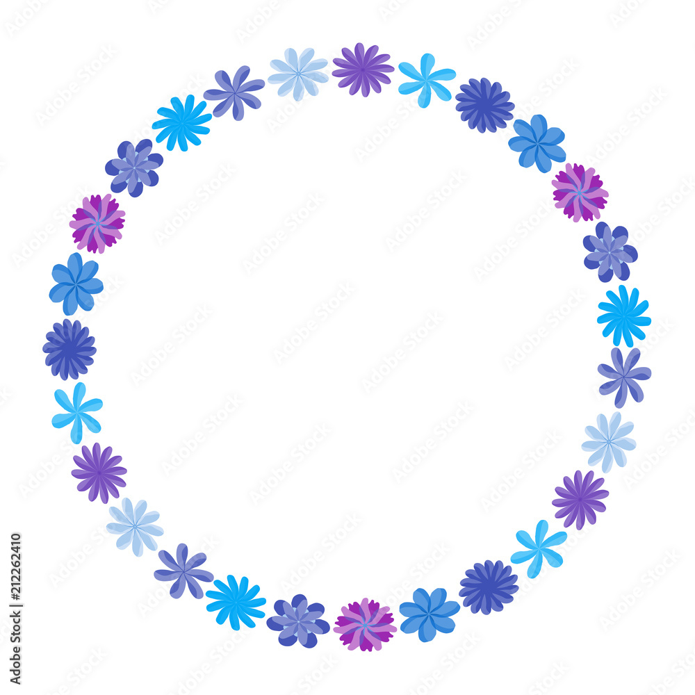 Obraz premium Wreath of wild flowers with leaves. A floral round frame with a place for your text. Suitable for greeting cards, wedding invitations, promotional leaflets