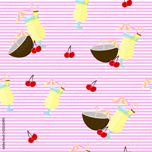 vector illustration. Seamless backgound. Pattern with Pina colada cocktail, coconut and cherry. White and pink stripes.