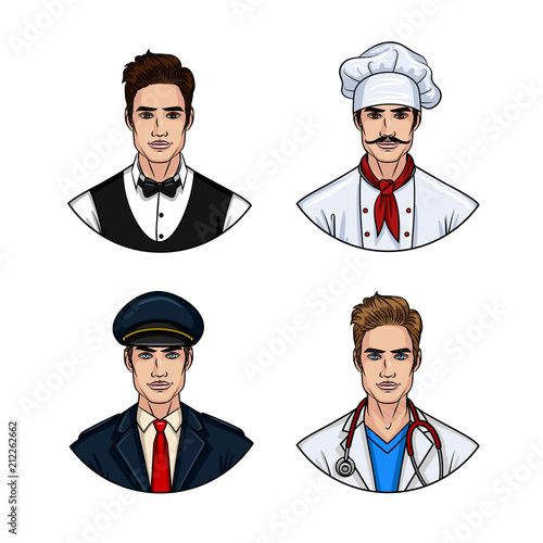 Vector cartoon style set of handsome young man wearing uniform. Cartoon style avatar for chef, pilot, waiter and doctor. Faces of guys different professions