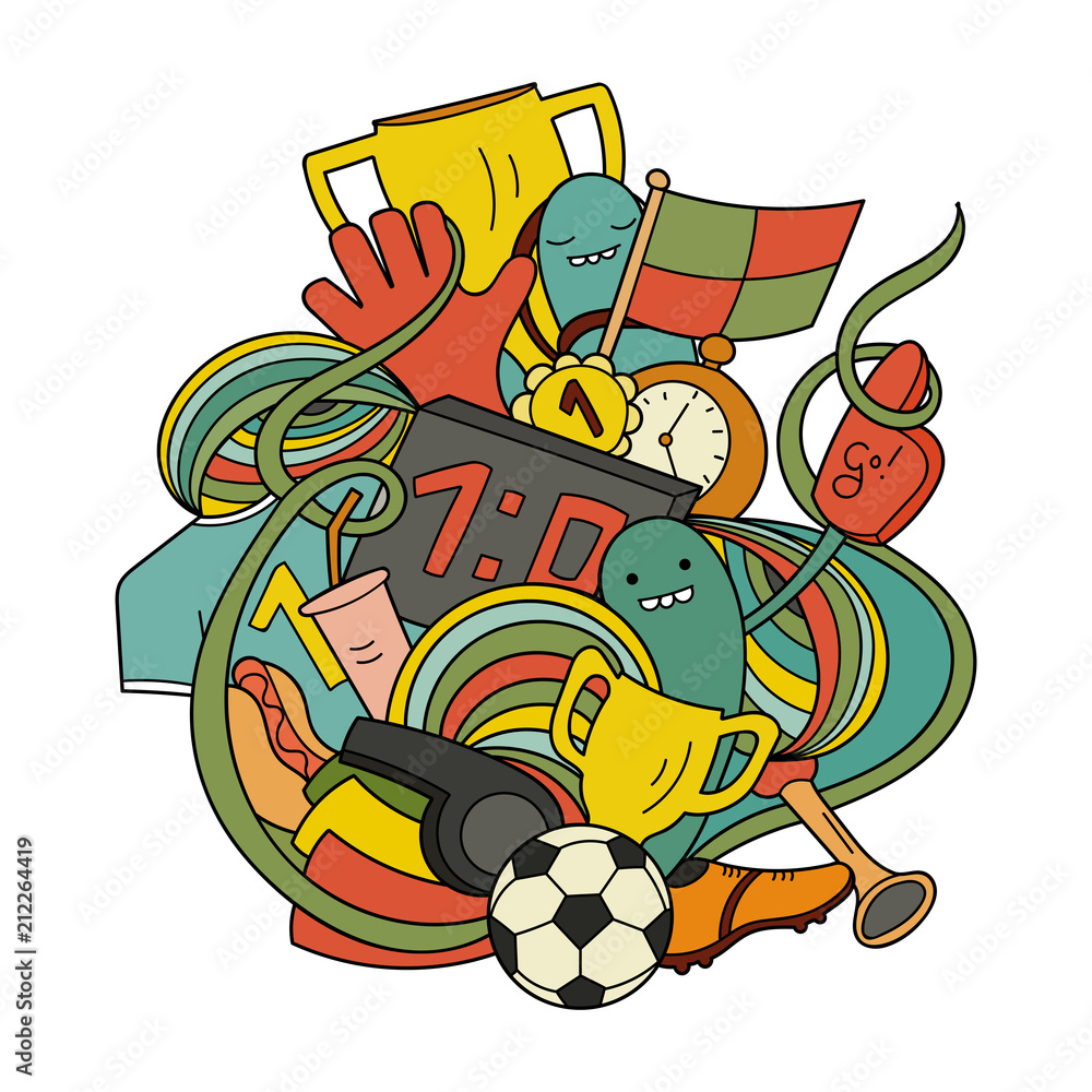 Fototapeta premium Doodle colorful art of football inventory. Cute monsters and sport items. Beautiful vector pattern.