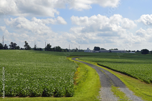 Rural landscape photo of a winding lane curving through farmland