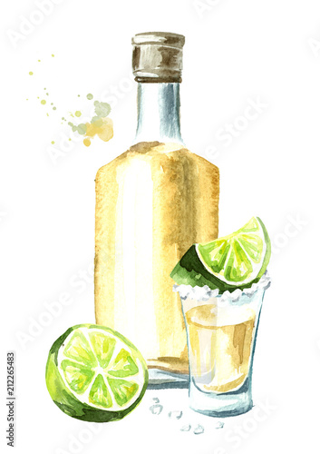 Alcohol drink Tequila, yellow bottle of mexican cactus booze, full shot glass with slice of lime and salt. Hand drawn watercolor vertical illustration, isolated on white background