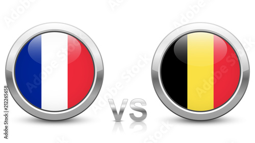 France vs. Belgium. 2018 tournament. Shiny metallic icons buttons with national flags isolated on white background.
