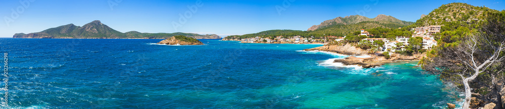 Idyllic panorama view of seaside landscape at the coast of Sant Elm, Mallorca island Mediterranean Sea Spain